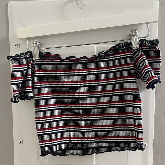 Trendy Off-Shoulder Striped Button Top - Picture 2 of 2